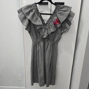 Motel Rocks Black & White Gingham Ruffle Dress with Pink Flower Size M Cotton